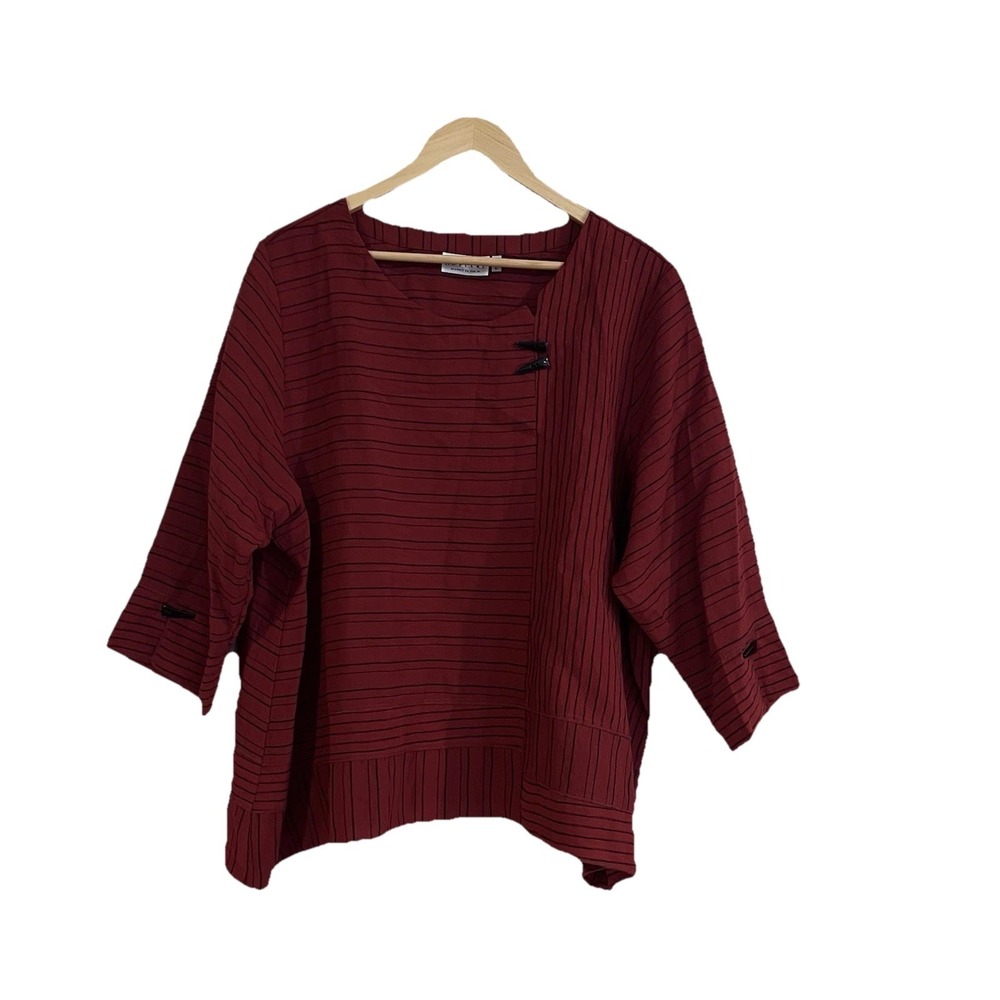 Habitat Red/Black Striped Woven Rayon-Nylon 3/4 Sleeve Lagenlook Top Size XL‎